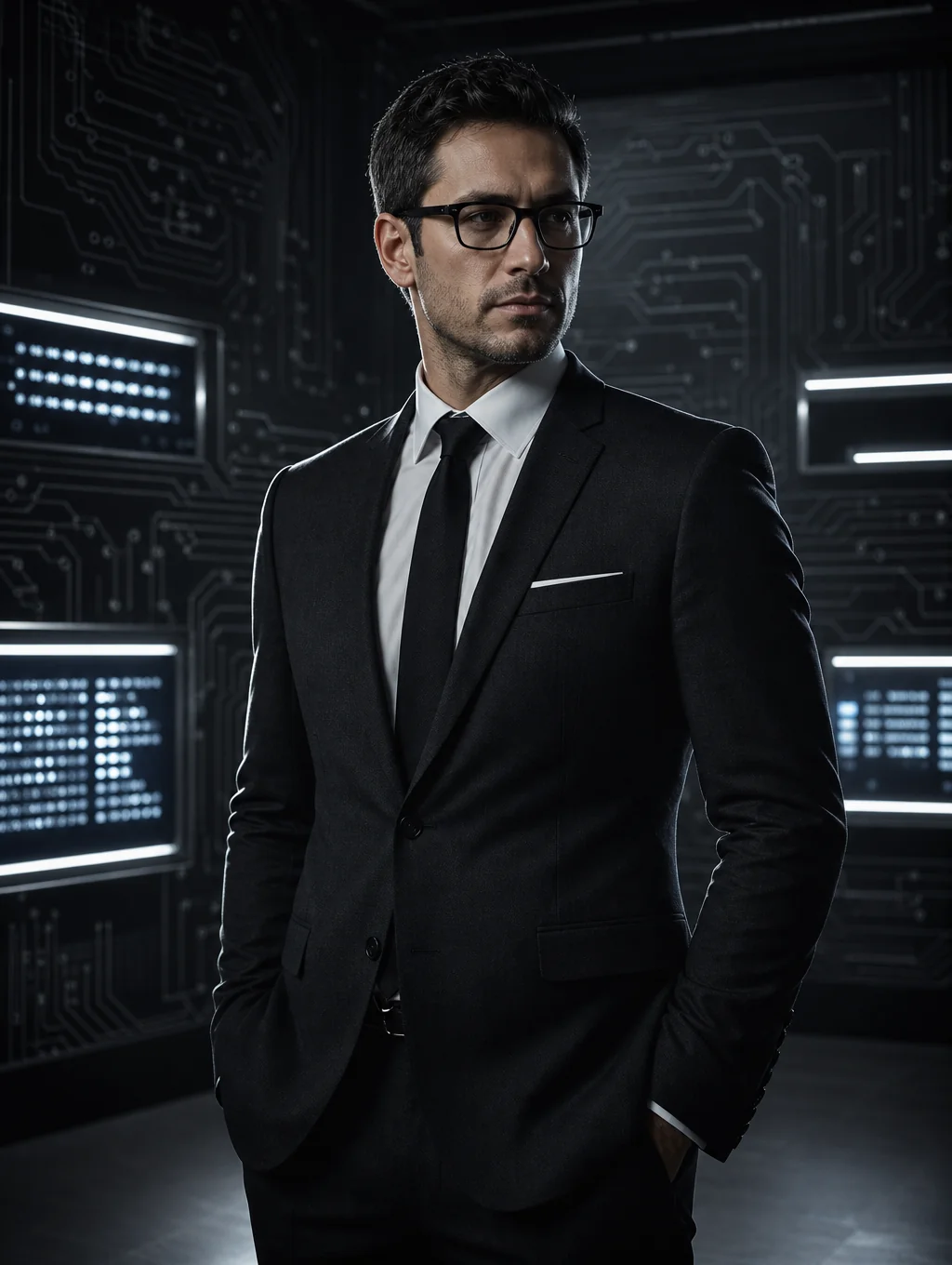 Flagship commercial photograph of a confident enterprise AI architect surrounded by intricate holographic UI panels, crisp readable data readouts, and layered blue and orange particle streams with cinematic lighting